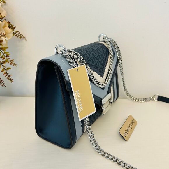 Michael Kors Whitney Medium Flap Chain Crossbody Shoulder Bag Navy Multi - Picture 4 of 11